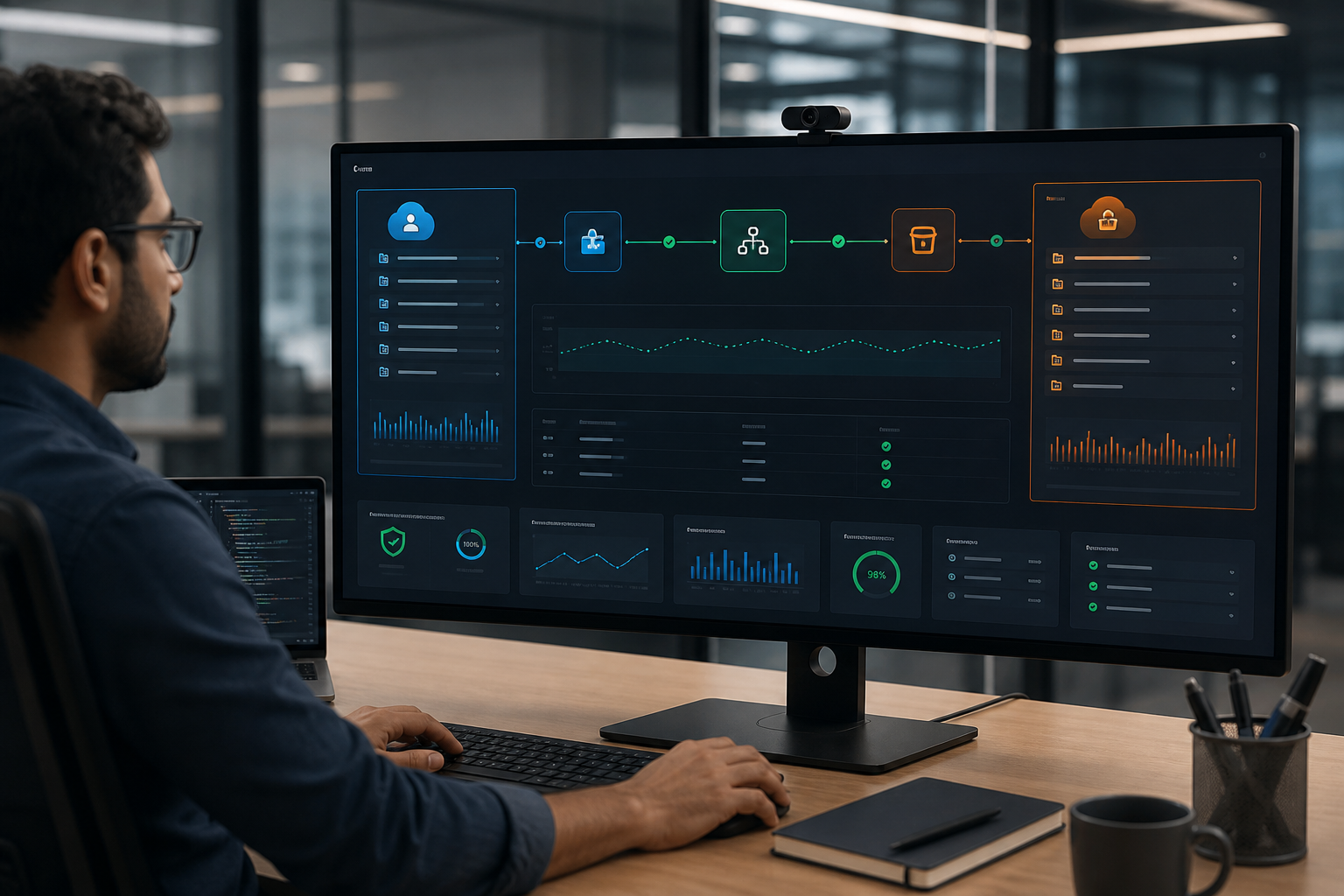 Cloud engineer monitoring secure CRM and AWS data synchronization