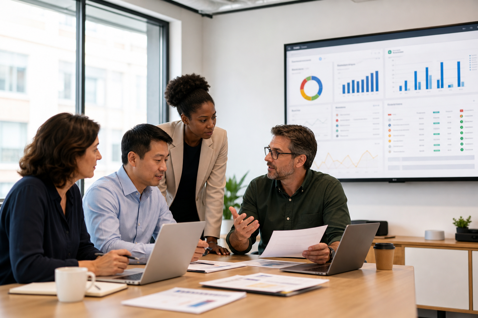Business team connecting sales, finance, service and operations